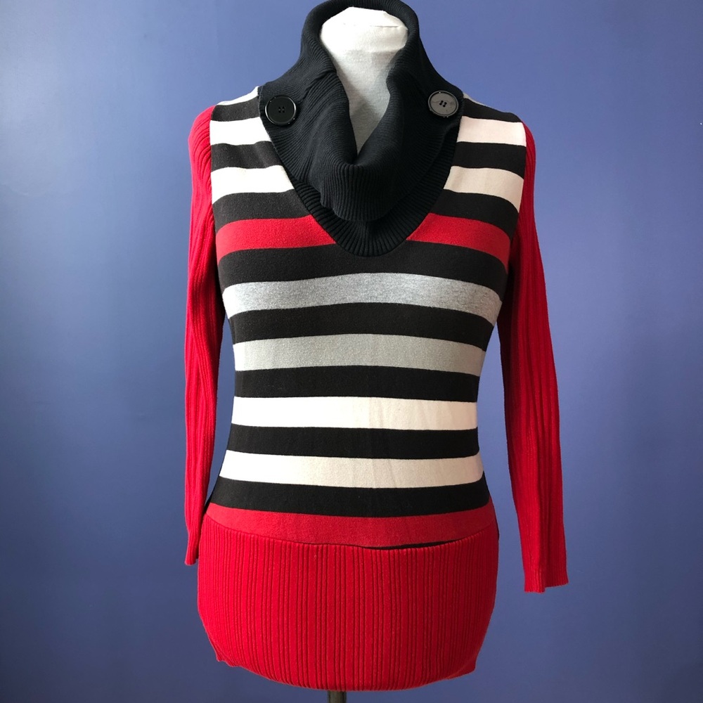 Cozy Cowl Sweater Red Black Stripe Tunic Medium M